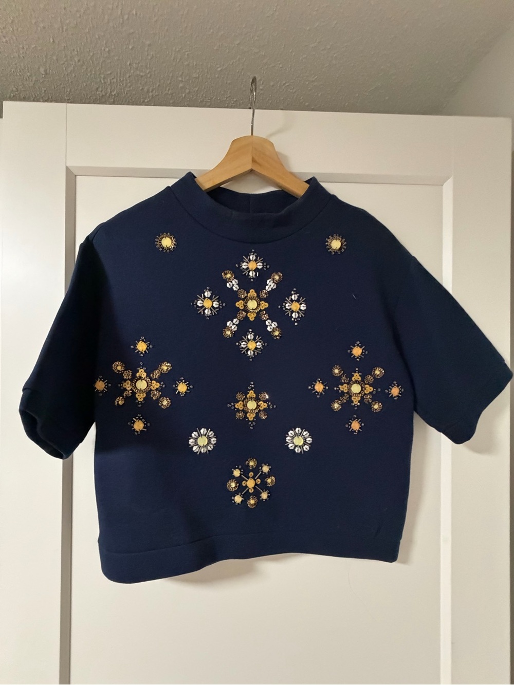 Embellished Navy Short-Sleeve Women’s Top